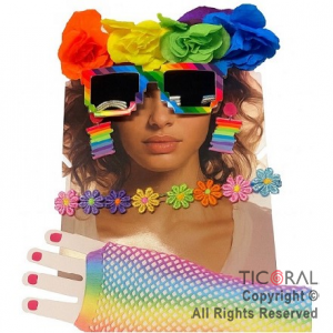 SET DISFRAZ VINCHA FLORES ANTEOJOS COLLAR ARITOS Y GUANTES RAINBOW MULTICOLOR x 1